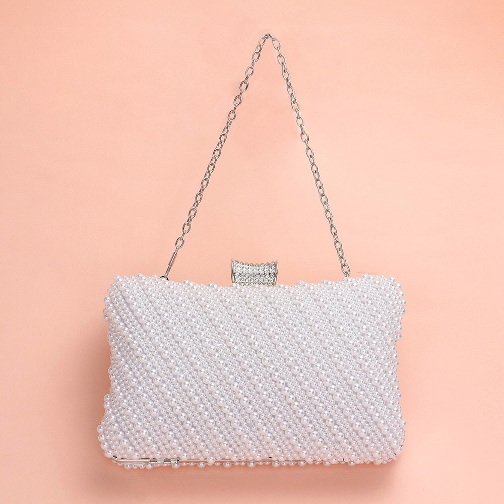 White Embellished Oblique Pearl Evening Bag